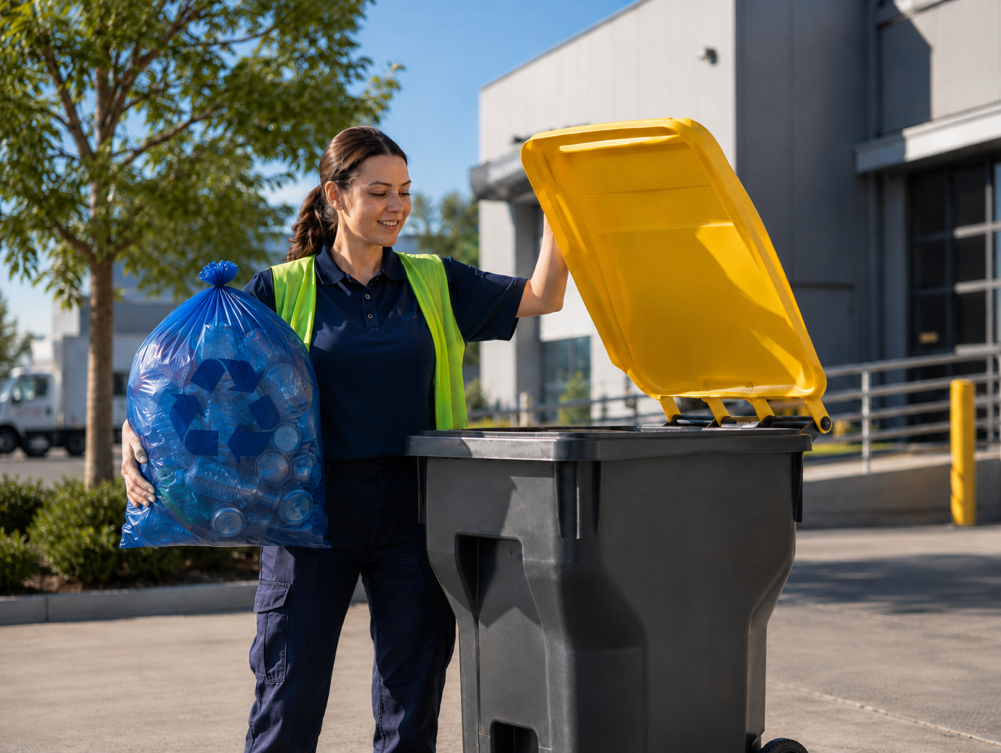 Trabajadora con chaleco de alta visibilidad sosteniendo una bolsa azul de envases reciclables junto a un contenedor negro con tapa amarilla